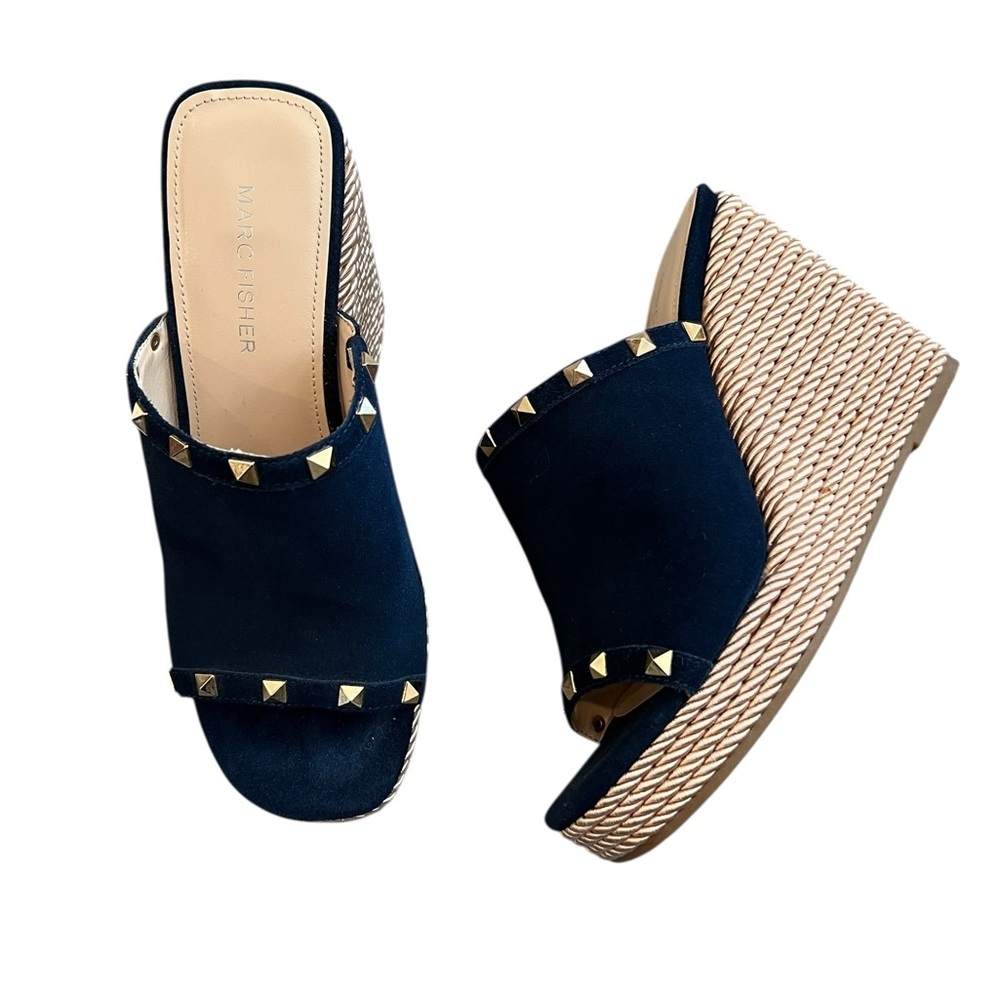 Marc Fisher Zyme2 blue Leather platform wedge sandal gold-tone studs Women’s‎ 8